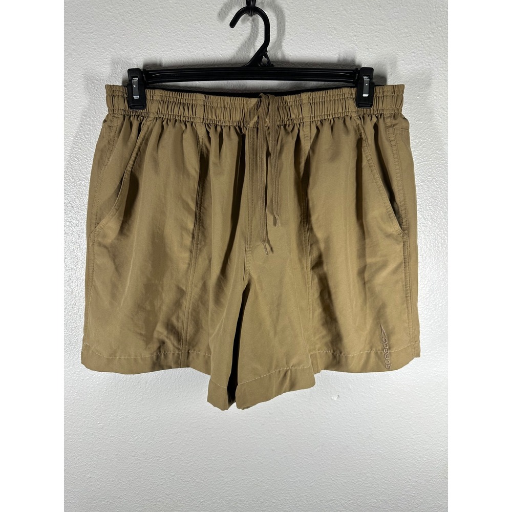 Speedo Swim Trunks Mens M Tan Khaki Solid Board Shorts Elastic Waist 5" Inseam‎